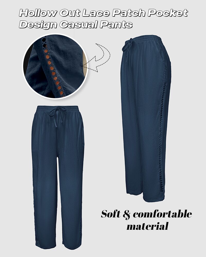 Hollow Out Lace Patch Pocket Design Casual Pants