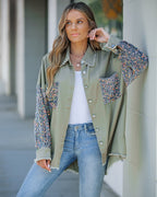 Casual Jacket Sequin Patchwork Long Sleeve Jacket Top Button Front Raw Hem Oversized Denim Shacket