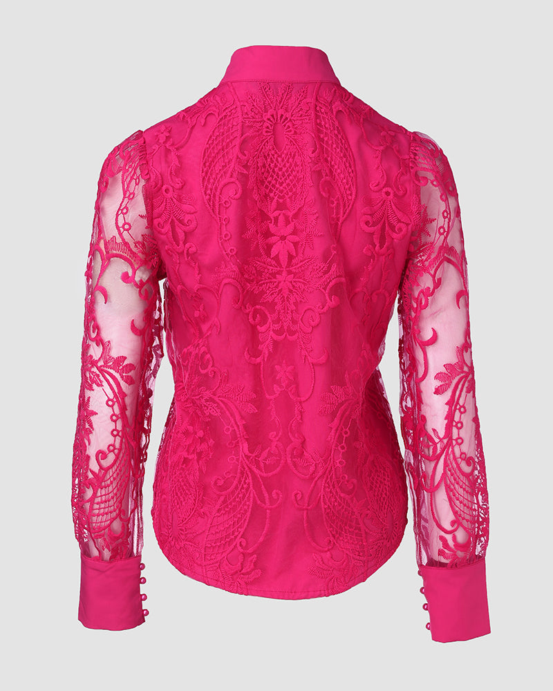 Pearls Decor Buttoned Lace Top