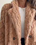 Cable Textured Lapel Neck Button Front Pocket Design Thermal Teddy Coat