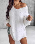 V Neck Long Sleeve Beaded Decor Oversized Sweater Fluffy Pullover Top