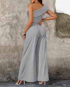 Cold Shoulder Ruched Buckle Wide Leg Jumpsuit