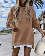 Long Sleeve Pocket Design Pullover Sweatshirt Casual Faux Two Piece Longline Drawstring Hooded Top