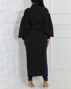 Cable Textured High Neck Lantern Sleeve Bow Tie Waist Sweater Casual High Slit Knit Longline Top