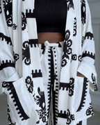 2 Pieces Outfit Open Front Long Sleeve Coat and Drawstring Elastic Waist Wide Leg Pants Set Casual Vintage Baroque Print Loose Fit Set without Tank Top