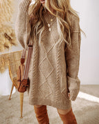 Round Neck Long Sleeve Drop Shoulder Pullover Sweater Casual Loose Fit Cable Knit Mid Length Sweater