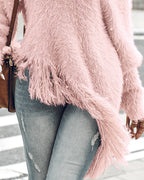 V-Neck Long Sleeve Sweater Fringe Pullover Casual Tassel Fall Winter Top