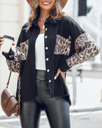 Contrast Leopard Sequin Patchwork Long Sleeve Jacket Top Button Front Raw Hem Shacket