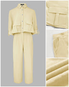 2 Pieces Outfit Turn-down Collar Turn-Up Sleeves Button Front Flap Pockets Design Top and Causal Zipper Fly Elastic Back Waist Wide Leg Pants Set