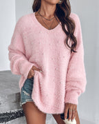 V Neck Long Sleeve Beaded Decor Oversized Sweater Fluffy Pullover Top