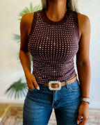 Rhinestone Decor O-neck Sleeveless Tee Slim Fit Ribbed Tank Top