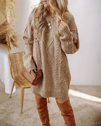 Round Neck Long Sleeve Drop Shoulder Pullover Sweater Casual Loose Fit Cable Knit Mid Length Sweater
