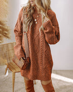 Round Neck Long Sleeve Drop Shoulder Pullover Sweater Casual Loose Fit Cable Knit Mid Length Sweater