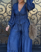 Two-Piece Set Faux Denim Lantern Sleeve Plunge V Neck Lace Up Top and Casua Wide Leg Flared Pants Set