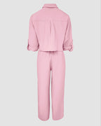 2 Pieces Outfit Turn-down Collar Turn-Up Sleeves Button Front Flap Pockets Design Top and Causal Zipper Fly Elastic Back Waist Wide Leg Pants Set