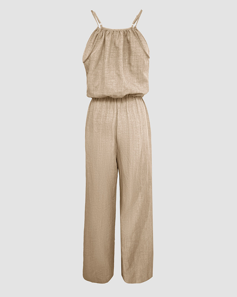 Womens Spaghetti Strap Drawstring Tied Waist Jumpsuit Casual Overalls