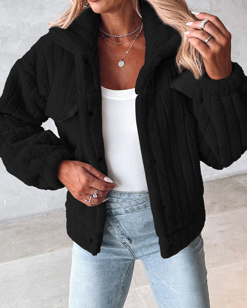Textured Striped Turn-down Collar Button Front Elastic Cuff and Hem Teddy Fleece Jacket With Decorative Flap Pockets