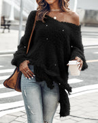 V-Neck Long Sleeve Sweater Fringe Pullover Casual Tassel Fall Winter Top
