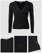 Overlap V-Neck Ruched Side Button Decor Knit Sweater Slim Fit Ribbed Pullover Top