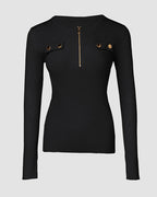 Crewneck Half Zipper Flap Detail Knit Sweater Long Sleeve Slim Fit Ribbed Pullover Top