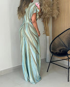 Colorblock Abstract Print One Shoulder Short Sleeve Zipper Side Overalls Casual Asymmetrical Wrap Design Wide Leg Jumpsuit