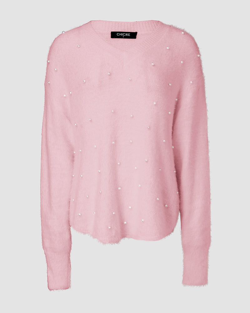 V Neck Long Sleeve Beaded Decor Oversized Sweater Fluffy Pullover Top