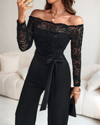 Off Shoulder Long Sleeve Eyelash Lace Spliced Slim Fit Overalls Casual Zipper Back Jumpsuit with Belt