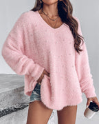 V Neck Long Sleeve Beaded Decor Oversized Sweater Fluffy Pullover Top