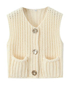 V-Neck Sleeveless Button Front Knit Vest Casual Loose Fit Sweater Top with Pockets