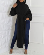 Cable Textured High Neck Lantern Sleeve Bow Tie Waist Sweater Casual High Slit Knit Longline Top