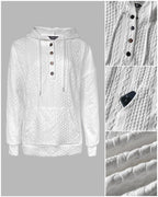 Long Sleeve Half Snap Buttons Front Drawstring Hoodie Sweatshirt Casual Kangaroo Pocket Drop Shoulder Cable Textured Top
