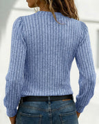 Button Decor Asymmetrical V-Neck Long Sleeve Ribbed Tee Casual Knit Brushed Top