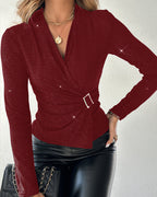 Rhinestone V-Neck Skinny Sweater Front Buckle Ruched Casual Top