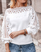 Crewneck Guipure Lace Long Sleeve Hollow Out Knit Sweaters Pullover Tops