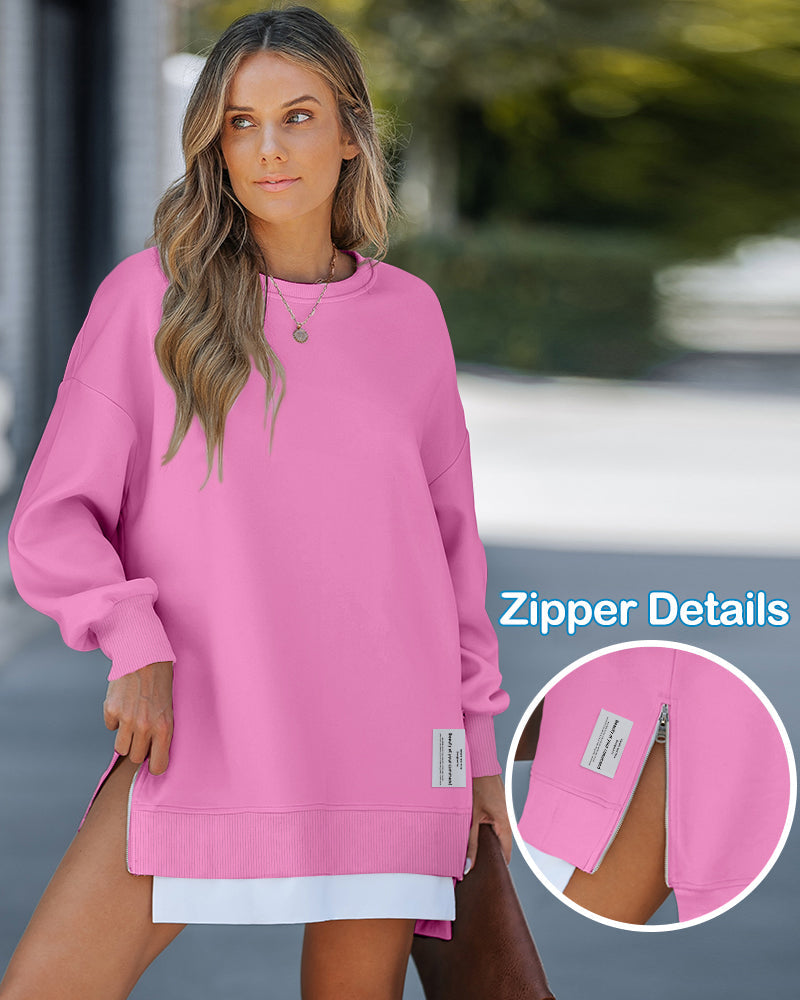 Letter Patch Detail Long Sleeve Drop Shoulder Pullover Sweatshirt Casual Zipper Side Slit Top