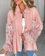 Sequin Decor Turn-down Collar Button Front Pockets Design Denim Coat Casual Fuzzy Spliced Raw Trim Shacket