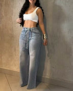 Allover Rhinestone Decor High Waist Zipper Fly Jeans Casual Wide Leg Loose Fit Denim Pants with Rhinestone Decor Belt