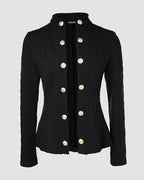 Metal Double Breasted Decor Stand Collar Argyle & Cable Textured Coat