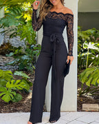 Off Shoulder Long Sleeve Eyelash Lace Spliced Slim Fit Overalls Casual Zipper Back Jumpsuit with Belt