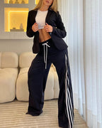 Contrast Side Striped & Zipper Slit Side Drawstring Elastic Waist Trousers Casual Wide Leg Pants