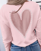 Pearls Decor Sheer Heart Pattern Mesh Spliced Tee Casual Drop Shoulder Long Sleeve Top