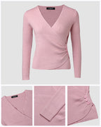 Overlap V-Neck Ruched Side Button Decor Knit Sweater Slim Fit Ribbed Pullover Top
