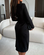 Long Sleeve Ruched Waist Metal Button Decor Bodycon Dress Casual Slit Slim Fit Midi Dress