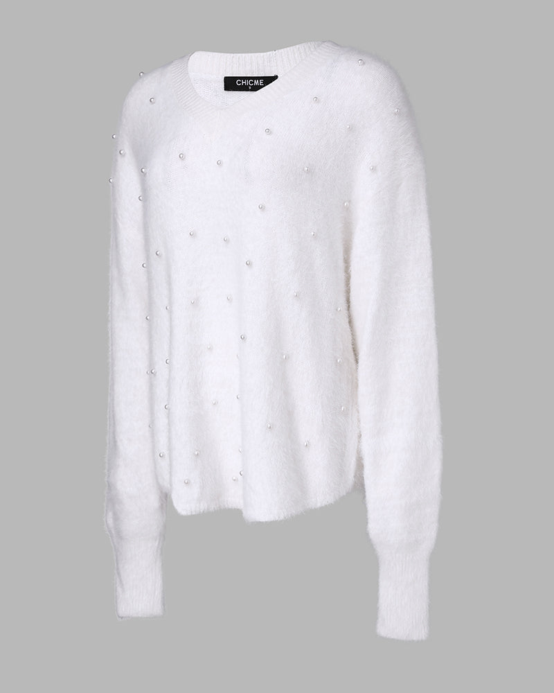 V Neck Long Sleeve Beaded Decor Oversized Sweater Fluffy Pullover Top