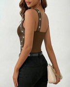 Rhinestone Decor Square Neck Thick Strap Backless Slim Fit Tank Top