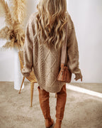Round Neck Long Sleeve Drop Shoulder Pullover Sweater Casual Loose Fit Cable Knit Mid Length Sweater