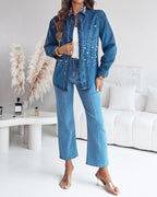 Pearls & Rhinestone Decor Turn-down Collar Button Front Denim Shirt Coat Casual Top