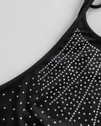 Rhinestone Decor Halter Tie Cowl Neck Long Sleeve Tee Casual Sheer Mesh Spliced Backless Top