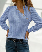 Button Decor Asymmetrical V-Neck Long Sleeve Ribbed Tee Casual Knit Brushed Top