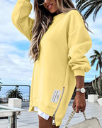 Letter Patch Detail Long Sleeve Drop Shoulder Pullover Sweatshirt Casual Zipper Side Slit Top